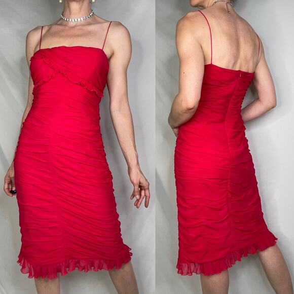 Cache silk ruffled sweetheart slip dress cocktail red ruched midi formal red 8 - Picture 16 of 16